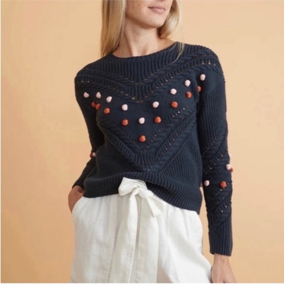 Marine Layer Sweaters - Marine Layer Navy Knit Crewneck Sweater with Pink & Rust Pom Details